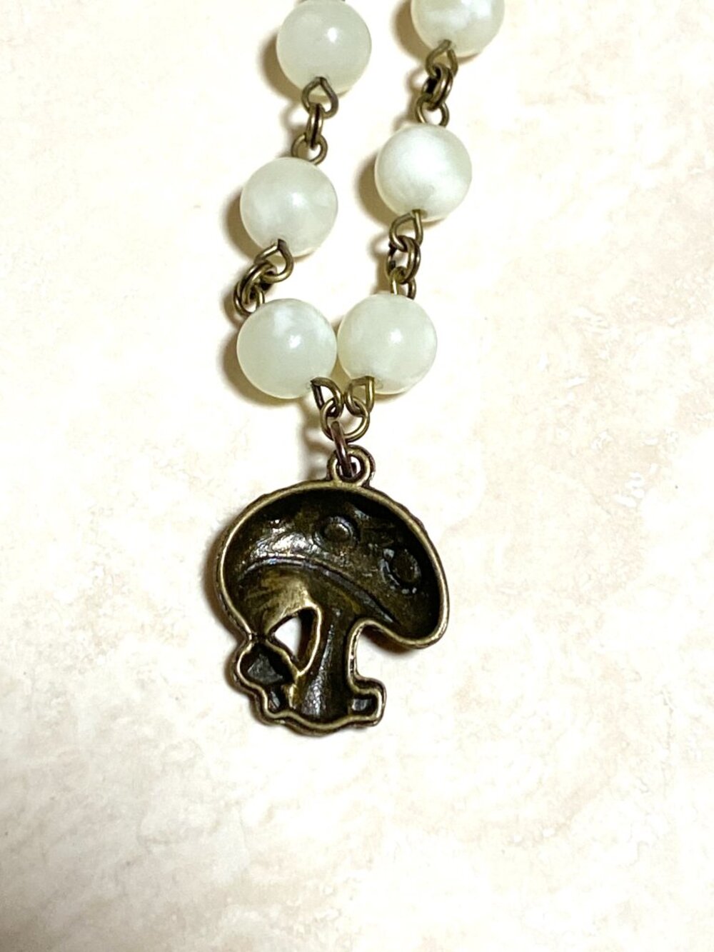 Natural Pale Green Serpentine Short Necklace, Gemstone & Bronze Round Mushroom - Picture 6 of 13